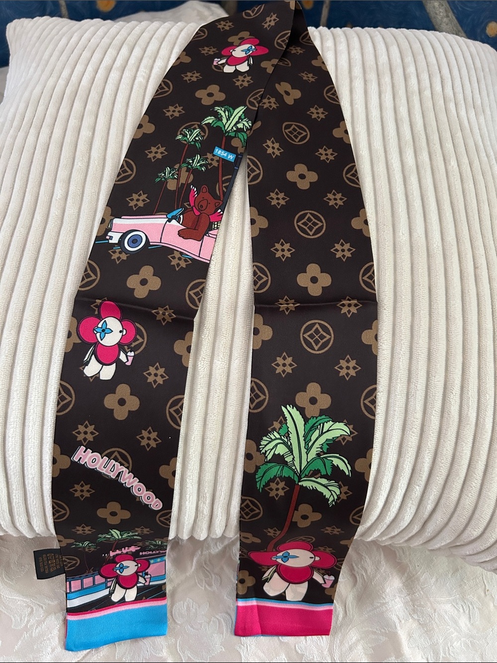 Brown Floral Double Sided Monogram Silk Feeling Twilly or Scarf.